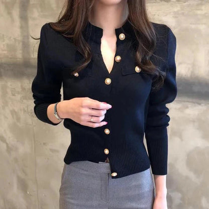 2025 Autumn Long Sleeve Fashion Women Cardigans Sweater Knitted Coat Short Casual Single Breasted Korean Slim Chic Ladies Tops Blue Wolf Store black One Size 
