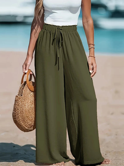 2025 Cross border Women's Four Seasons Wide Leg Loose Drawstring Casual Fashion Pants Blue Wolf Store army green S 