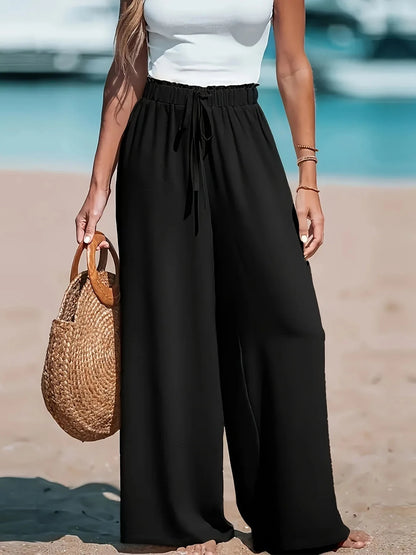 2025 Cross border Women's Four Seasons Wide Leg Loose Drawstring Casual Fashion Pants Blue Wolf Store black S 