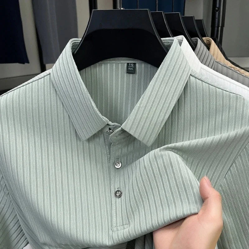 2025 New Men's Casual Fashion Striped Short Sleeved Collar Polo Shirt Breathable and Comfortable Summer Versatile T-shirt Blue Wolf Store 