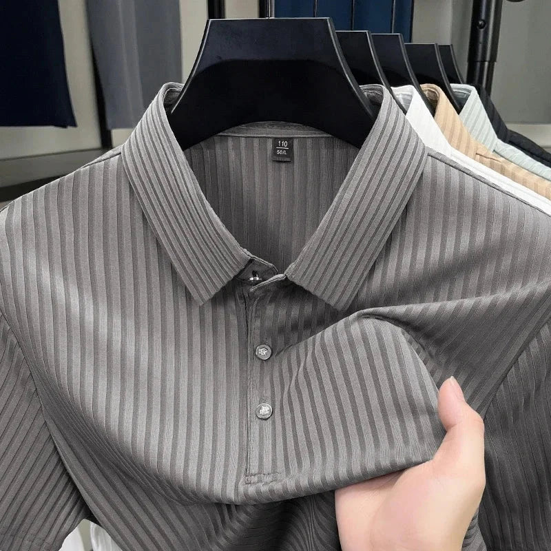 2025 New Men's Casual Fashion Striped Short Sleeved Collar Polo Shirt Breathable and Comfortable Summer Versatile T-shirt Blue Wolf Store 