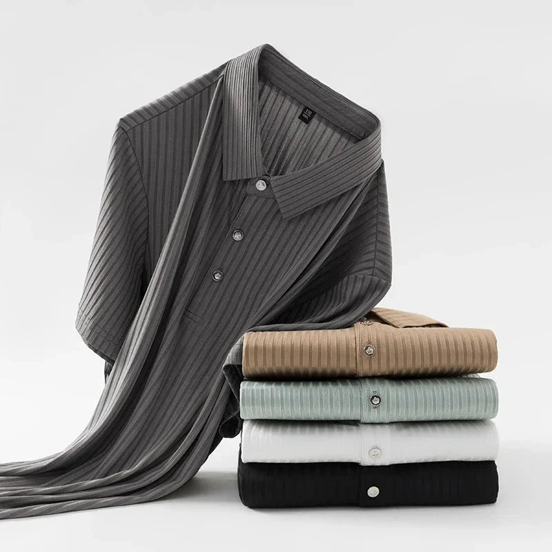 2025 New Men's Casual Fashion Striped Short Sleeved Collar Polo Shirt Breathable and Comfortable Summer Versatile T-shirt Blue Wolf Store 