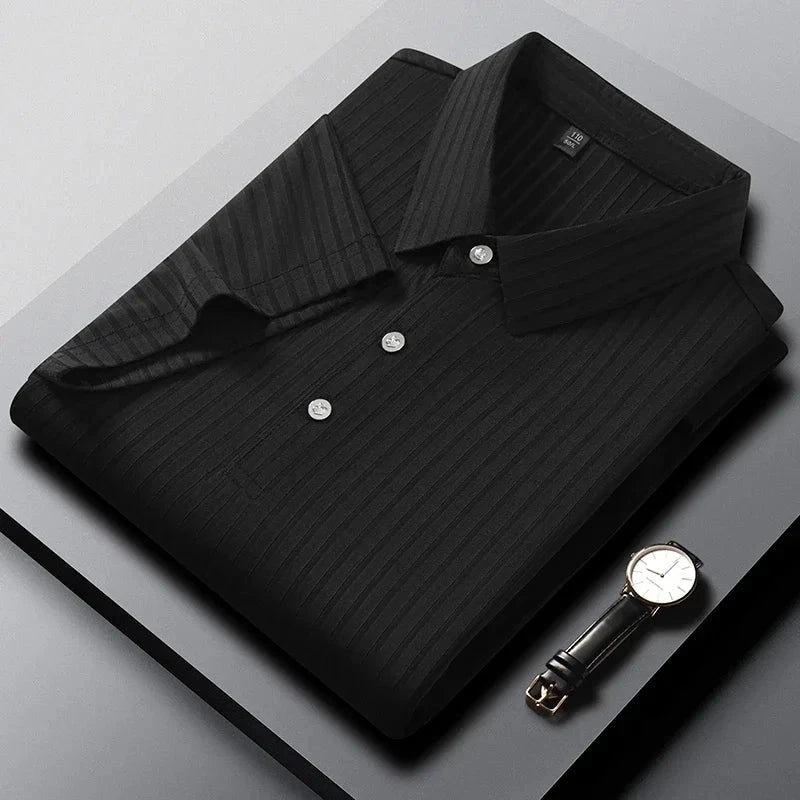 2025 New Men's Casual Fashion Striped Short Sleeved Collar Polo Shirt Breathable and Comfortable Summer Versatile T-shirt Blue Wolf Store black 4XL CHINA