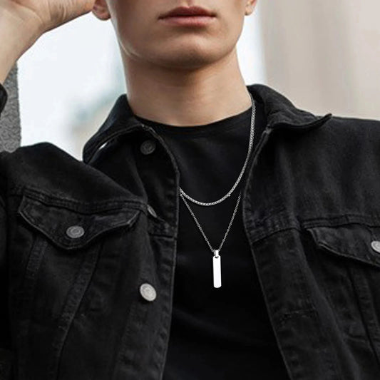 2pcs/set Vertical Bar Stacked Necklaces for Men Boys,Wateproof Stainless Steel Cuban Chain Collar,Stylish Jewelry Sets Gifts Blue Wolf Store 
