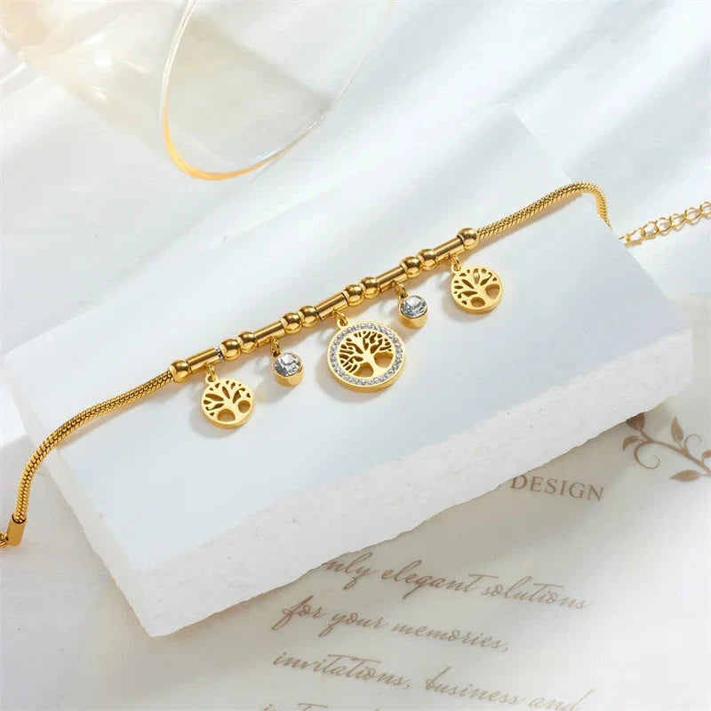 316L Stainless Steel Elegant Gold Color Tree - of - Life Charms Bracelet With Shiny Zircon Stone For Women's Daily Wear Blue Wolf Store 