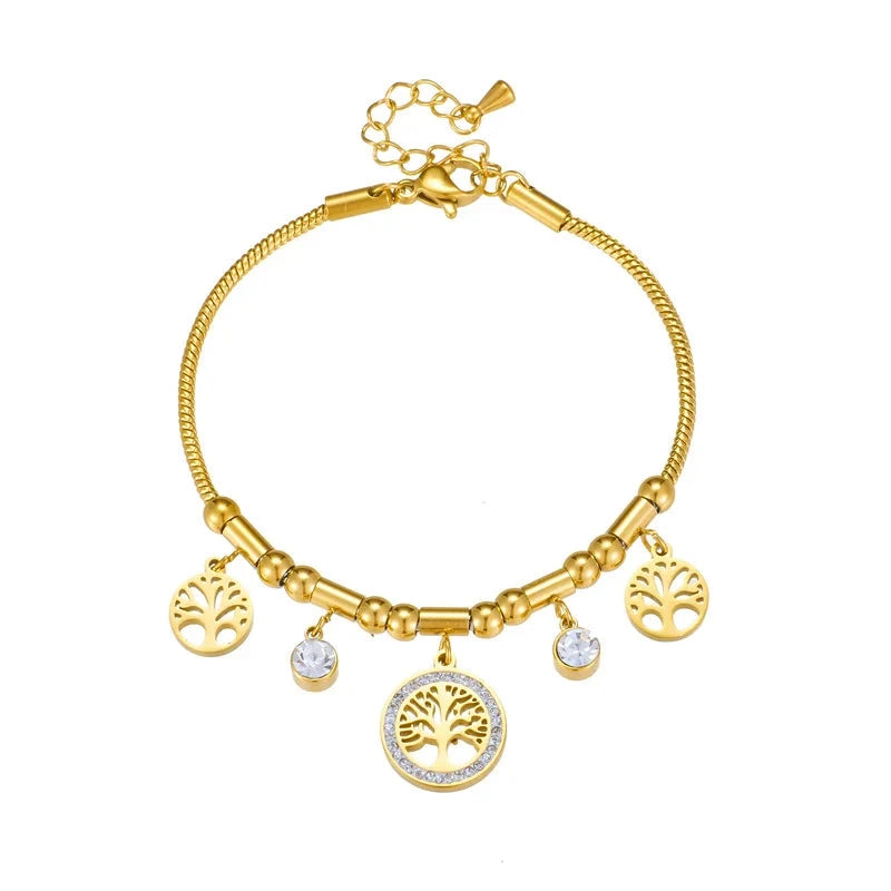 316L Stainless Steel Elegant Gold Color Tree - of - Life Charms Bracelet With Shiny Zircon Stone For Women's Daily Wear Blue Wolf Store 