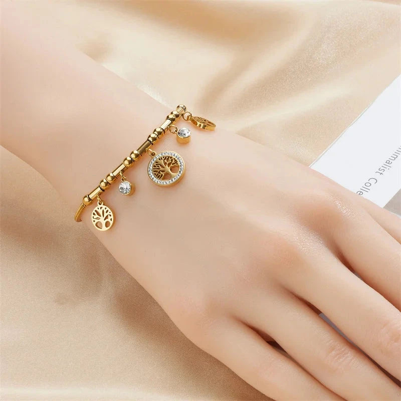 316L Stainless Steel Elegant Gold Color Tree - of - Life Charms Bracelet With Shiny Zircon Stone For Women's Daily Wear Blue Wolf Store 