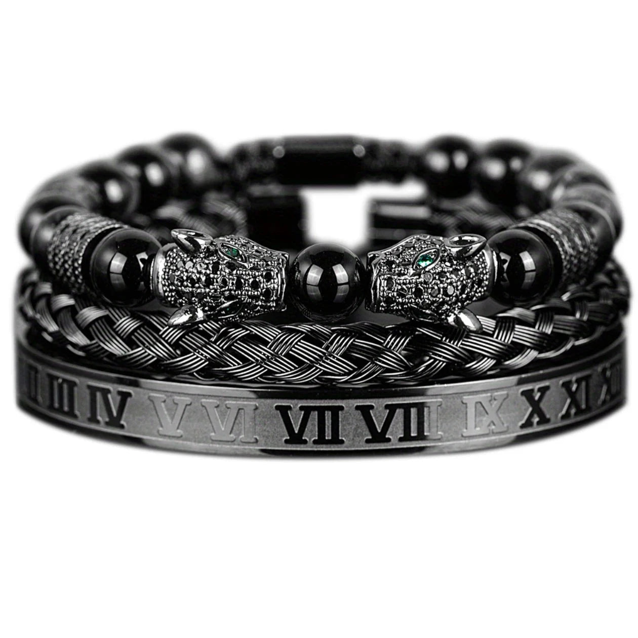 3PCS Mens Premium Black Agate Beaded Bracelet Set - Double Leopard Head, Roman Numerals, Adjustable Braided Design Bracelets Blue Wolf Store 