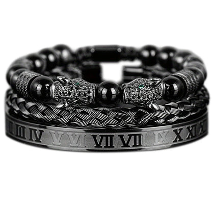 3PCS Mens Premium Black Agate Beaded Bracelet Set - Double Leopard Head, Roman Numerals, Adjustable Braided Design Bracelets Blue Wolf Store 