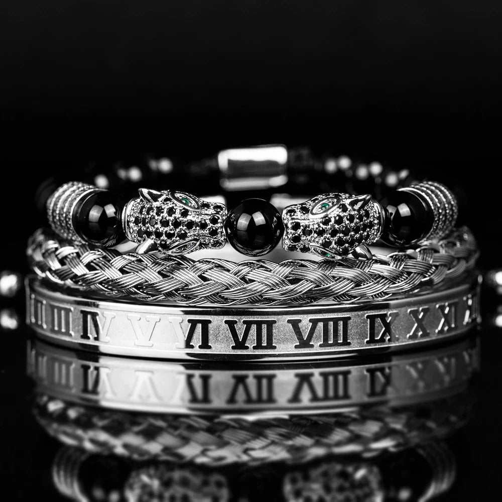 3PCS Mens Premium Black Agate Beaded Bracelet Set - Double Leopard Head, Roman Numerals, Adjustable Braided Design Bracelets Blue Wolf Store 