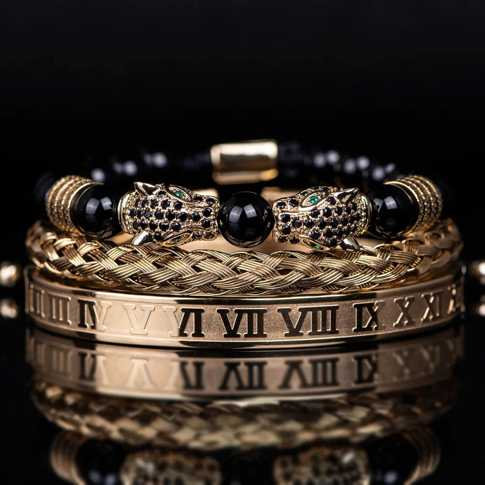 3PCS Mens Premium Black Agate Beaded Bracelet Set - Double Leopard Head, Roman Numerals, Adjustable Braided Design Bracelets Blue Wolf Store 