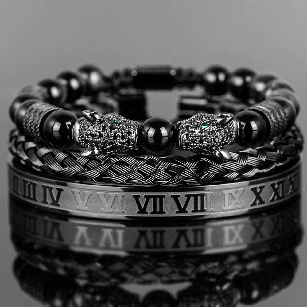 3PCS Mens Premium Black Agate Beaded Bracelet Set - Double Leopard Head, Roman Numerals, Adjustable Braided Design Bracelets Blue Wolf Store Black Color set 