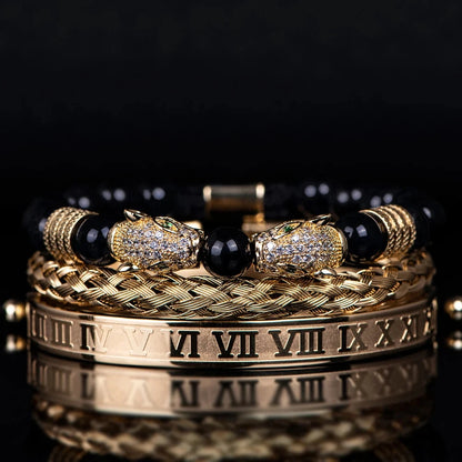 3PCS Mens Premium Black Agate Beaded Bracelet Set - Double Leopard Head, Roman Numerals, Adjustable Braided Design Bracelets Blue Wolf Store Gold Color set B 