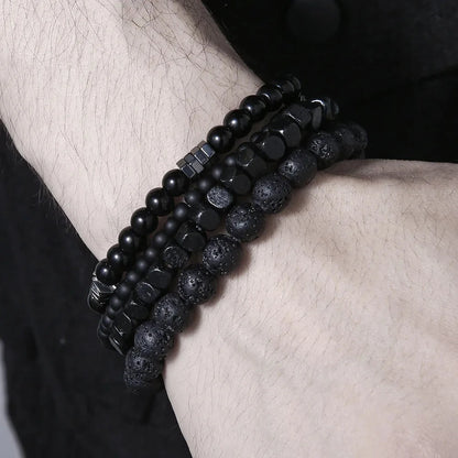 4PC Volcano Stone Black Gallstone Beaded Bracelets for Men Trendy Fashion Lava Wood Beads Bracelet Set Combination Hip Hop Gifts Blue Wolf Store 