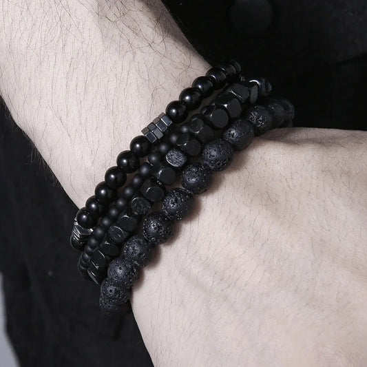 4PC Volcano Stone Black Gallstone Beaded Bracelets for Men Trendy Fashion Lava Wood Beads Bracelet Set Combination Hip Hop Gifts Blue Wolf Store 