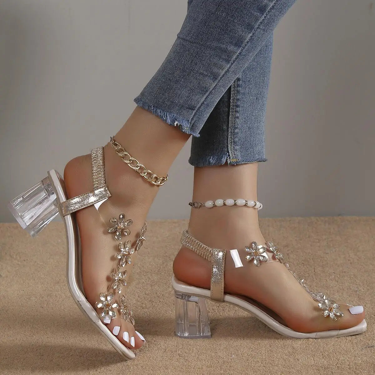 Women's Flower Rhinestone Block Heel Sandals