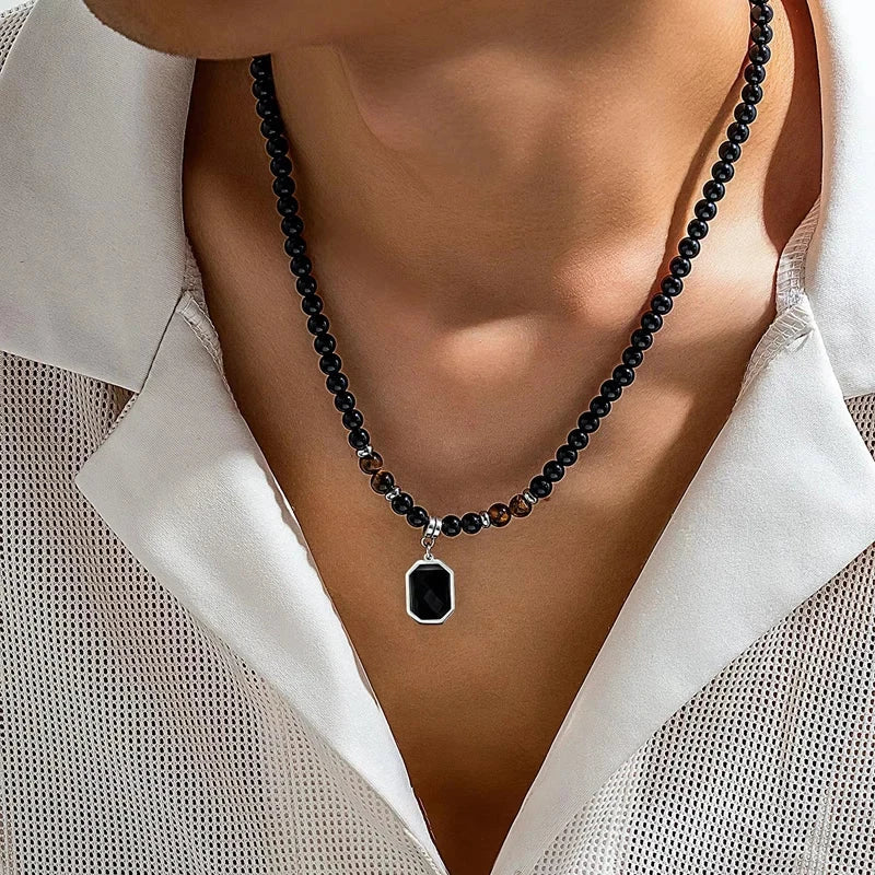 Black Beads with Square Pendant Necklace for Men Trendy Accessories on the Neck Collar 2025 Fashion Jewelry Male Gift Decoration Blue Wolf Store 
