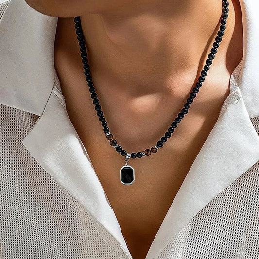 Black Beads with Square Pendant Necklace for Men Trendy Accessories on the Neck Collar 2025 Fashion Jewelry Male Gift Decoration Blue Wolf Store 