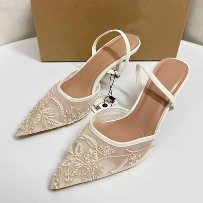 Brand Designer White Women Wedding Pumps Mesh Embroidered Flowers Back Strap Sexy Slingback High Heel Dress Shoes for Ladies Blue Wolf Store 