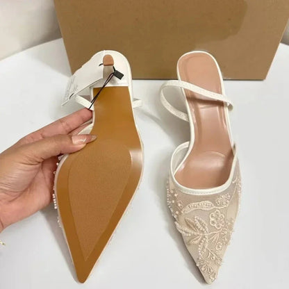 Brand Designer White Women Wedding Pumps Mesh Embroidered Flowers Back Strap Sexy Slingback High Heel Dress Shoes for Ladies Blue Wolf Store 