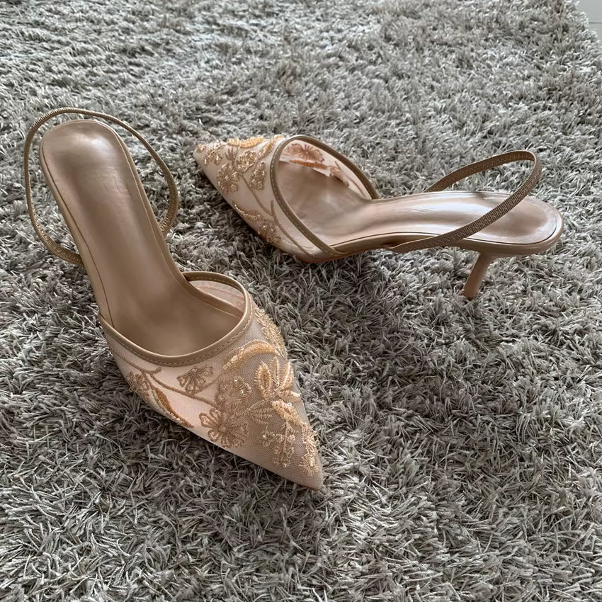 Brand Designer White Women Wedding Pumps Mesh Embroidered Flowers Back Strap Sexy Slingback High Heel Dress Shoes for Ladies Blue Wolf Store 