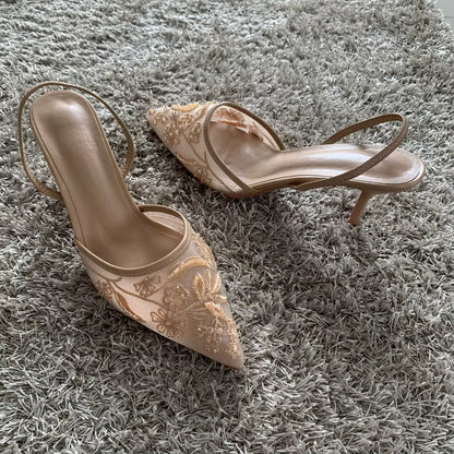 Brand Designer White Women Wedding Pumps Mesh Embroidered Flowers Back Strap Sexy Slingback High Heel Dress Shoes for Ladies Blue Wolf Store 