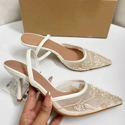 Brand Designer White Women Wedding Pumps Mesh Embroidered Flowers Back Strap Sexy Slingback High Heel Dress Shoes for Ladies Blue Wolf Store 