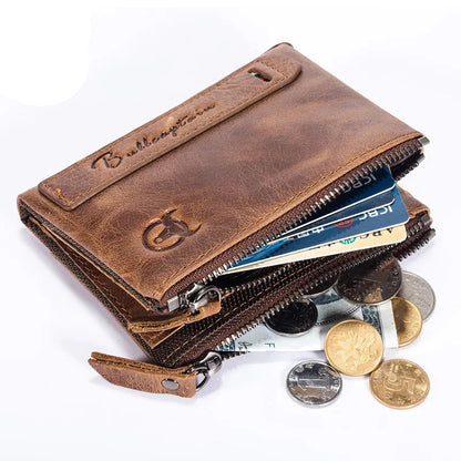 BULLCAPTAIN retro leather men's wallet leather zipper buckle short money wallet card holder coin purse RFID wallet QB06 Blue Wolf Store 
