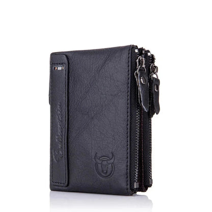 BULLCAPTAIN retro leather men's wallet leather zipper buckle short money wallet card holder coin purse RFID wallet QB06 Blue Wolf Store balck 