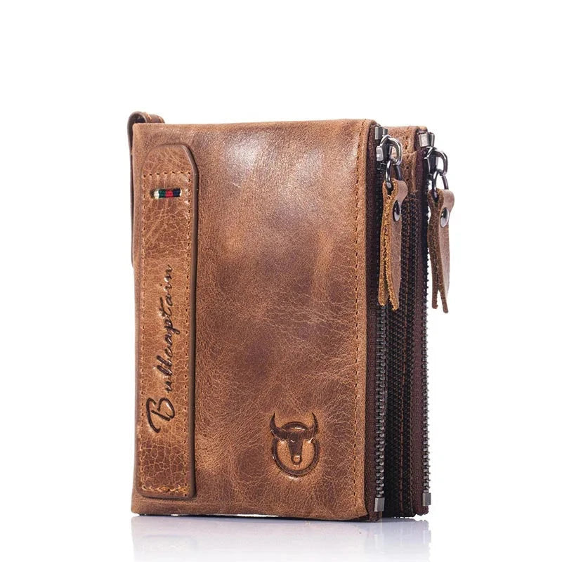 BULLCAPTAIN retro leather men's wallet leather zipper buckle short money wallet card holder coin purse RFID wallet QB06 Blue Wolf Store brown 