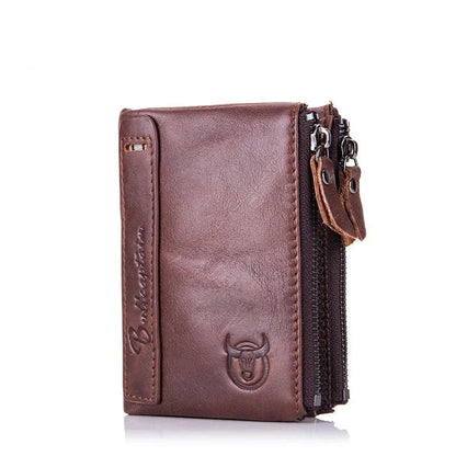 BULLCAPTAIN retro leather men's wallet leather zipper buckle short money wallet card holder coin purse RFID wallet QB06 Blue Wolf Store coffee 