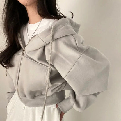 Casual Hood Sweatshirt Women Y2K Zip Up Hoodies Solid Harajuku Long Sleeve Shirt Oversized Crop Tops Female Loose Jackets Coat Blue Wolf Store 