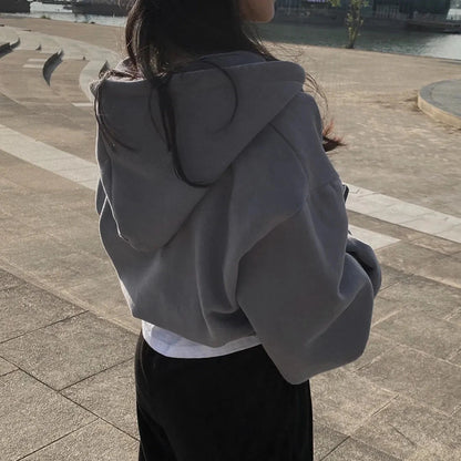 Casual Hood Sweatshirt Women Y2K Zip Up Hoodies Solid Harajuku Long Sleeve Shirt Oversized Crop Tops Female Loose Jackets Coat Blue Wolf Store 
