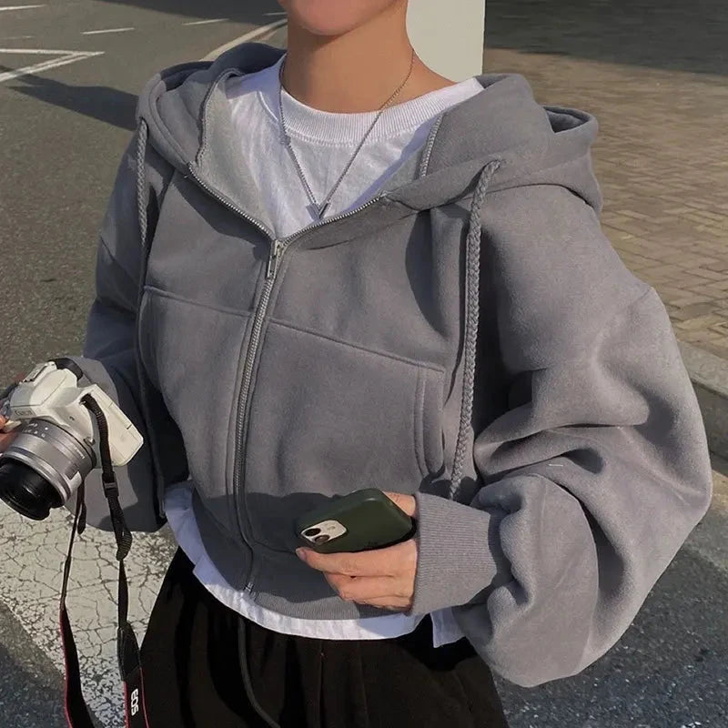 Casual Hood Sweatshirt Women Y2K Zip Up Hoodies Solid Harajuku Long Sleeve Shirt Oversized Crop Tops Female Loose Jackets Coat Blue Wolf Store 