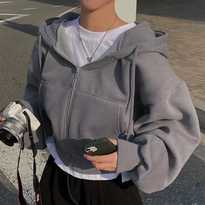 Casual Hood Sweatshirt Women Y2K Zip Up Hoodies Solid Harajuku Long Sleeve Shirt Oversized Crop Tops Female Loose Jackets Coat Blue Wolf Store 