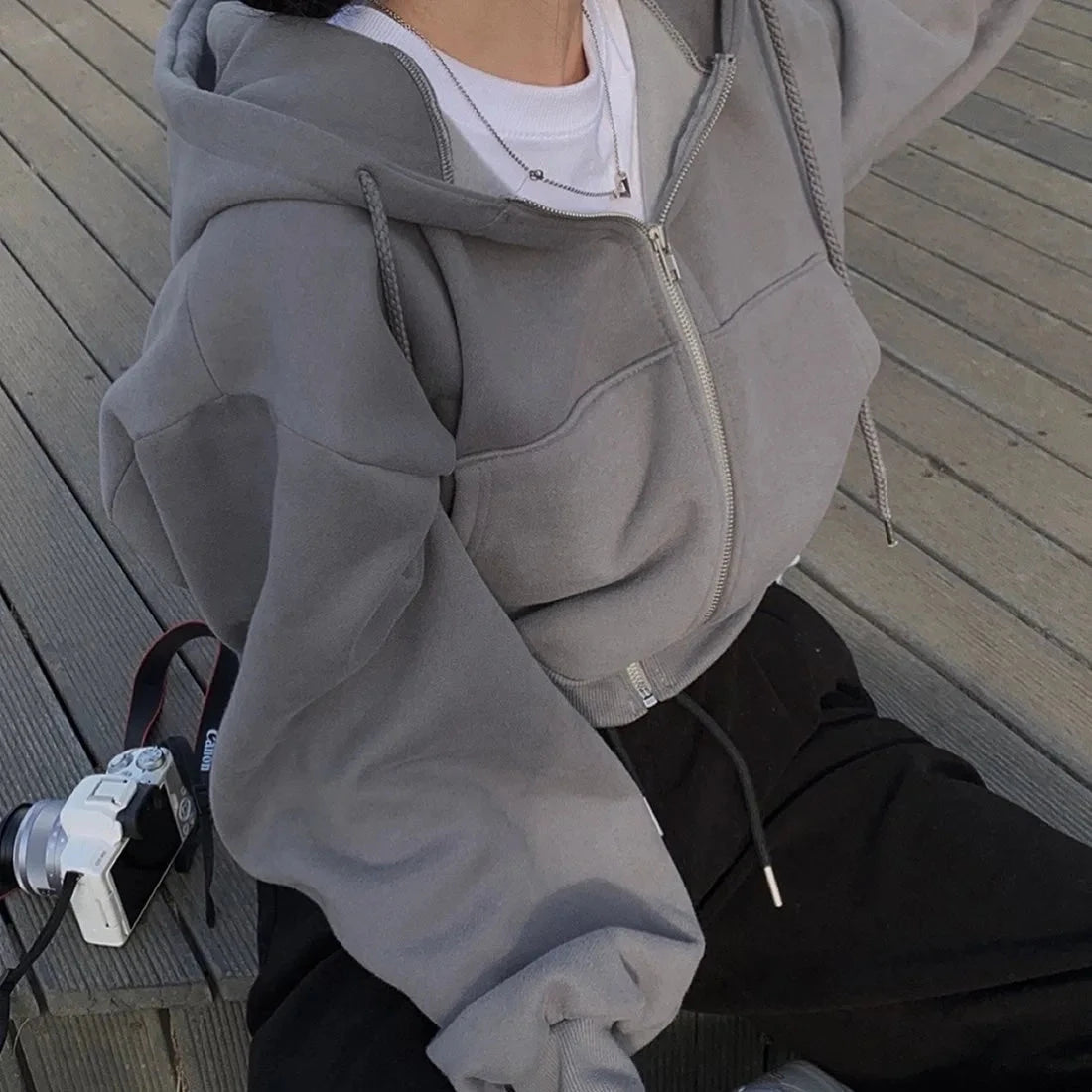 Casual Hood Sweatshirt Women Y2K Zip Up Hoodies Solid Harajuku Long Sleeve Shirt Oversized Crop Tops Female Loose Jackets Coat Blue Wolf Store Dark Grey XL 