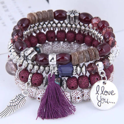 DIEZI Bohemian Multicolor Pink Crystal Beads Bracelets Women Girls Elastic Tassel Wing Letters Rope Bracelet Pulseira Feminina Blue Wolf Store 