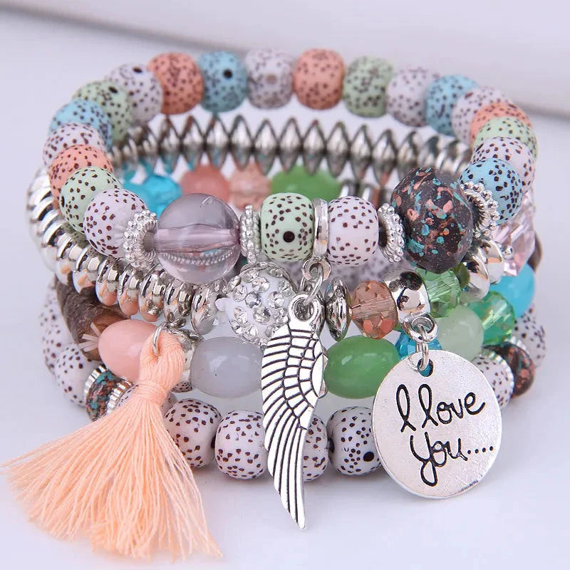 DIEZI Bohemian Multicolor Pink Crystal Beads Bracelets Women Girls Elastic Tassel Wing Letters Rope Bracelet Pulseira Feminina Blue Wolf Store 