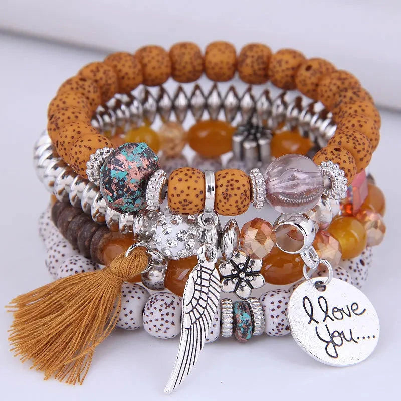 DIEZI Bohemian Multicolor Pink Crystal Beads Bracelets Women Girls Elastic Tassel Wing Letters Rope Bracelet Pulseira Feminina Blue Wolf Store 