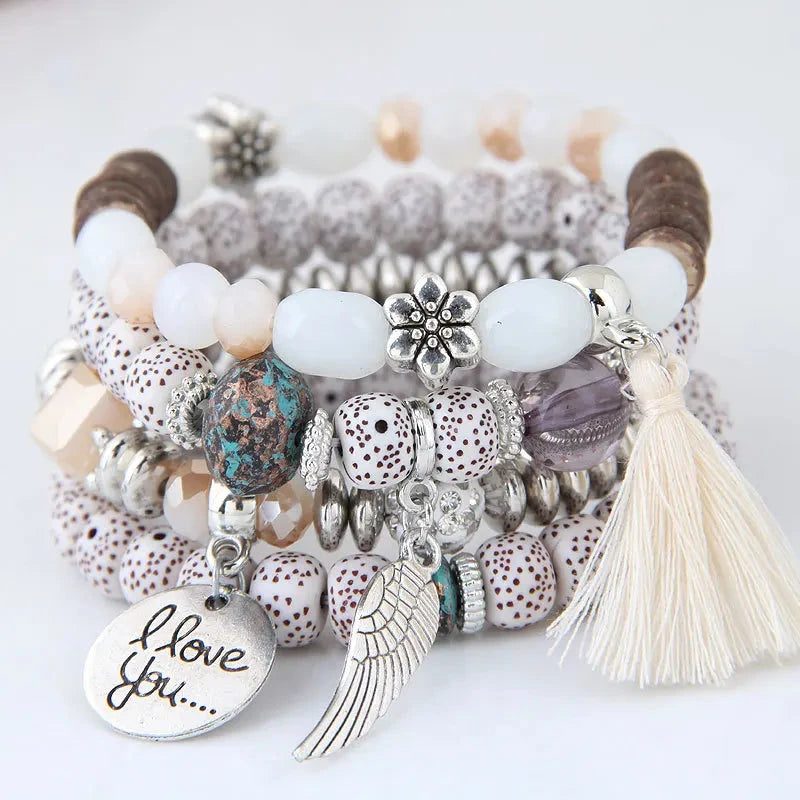 DIEZI Bohemian Multicolor Pink Crystal Beads Bracelets Women Girls Elastic Tassel Wing Letters Rope Bracelet Pulseira Feminina Blue Wolf Store 