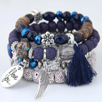 DIEZI Bohemian Multicolor Pink Crystal Beads Bracelets Women Girls Elastic Tassel Wing Letters Rope Bracelet Pulseira Feminina Blue Wolf Store 