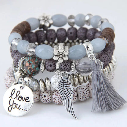 DIEZI Bohemian Multicolor Pink Crystal Beads Bracelets Women Girls Elastic Tassel Wing Letters Rope Bracelet Pulseira Feminina Blue Wolf Store grey 