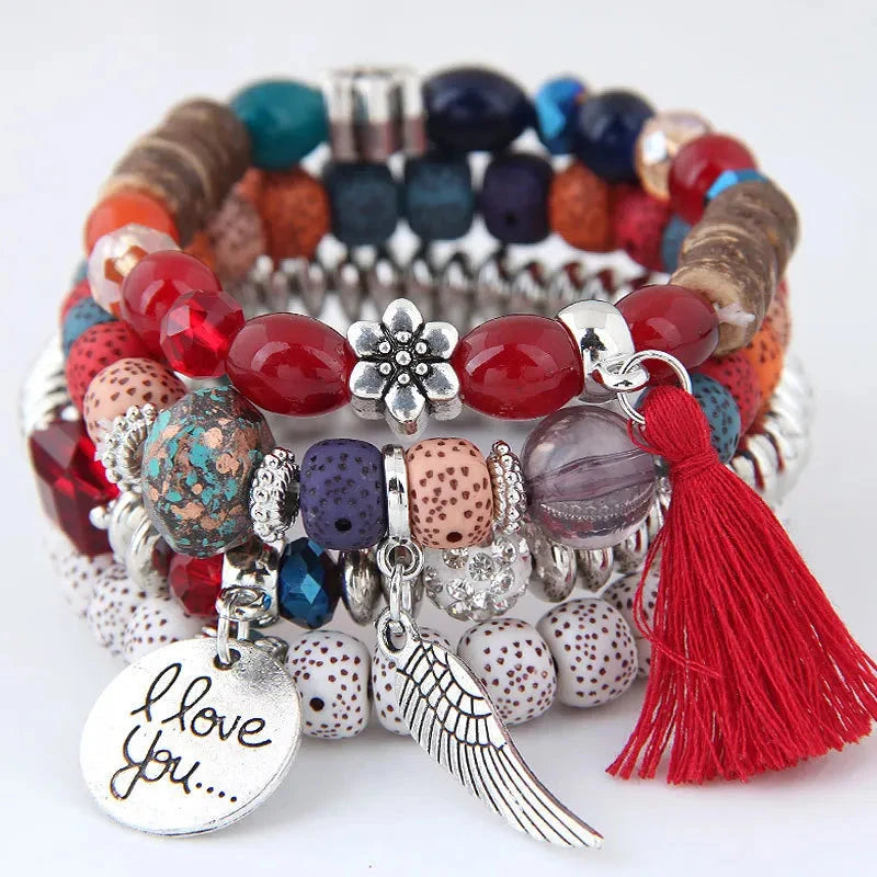 DIEZI Bohemian Multicolor Pink Crystal Beads Bracelets Women Girls Elastic Tassel Wing Letters Rope Bracelet Pulseira Feminina Blue Wolf Store multi red 