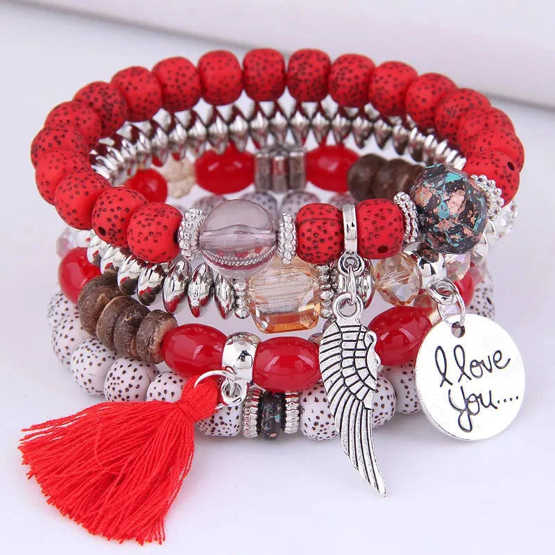 DIEZI Bohemian Multicolor Pink Crystal Beads Bracelets Women Girls Elastic Tassel Wing Letters Rope Bracelet Pulseira Feminina Blue Wolf Store red 