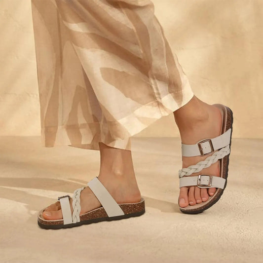 Eyriphy Women's Cork Footbed Sandals Fashion Comfy Flat Sandals Slip-On Open Toe Slippers With Adjustable Buckle Beach Sandals Blue Wolf Store