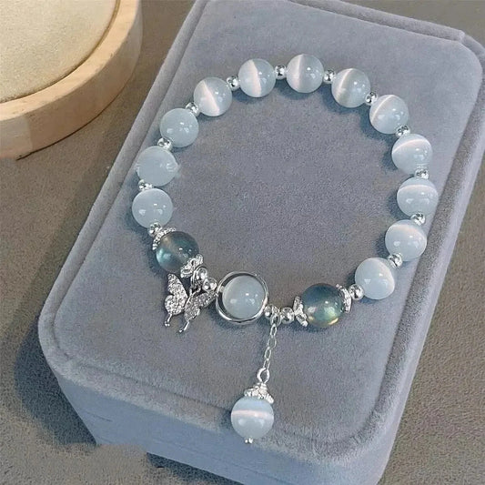 Fashion Cat Eye Stone Ins Niche Design Moonstone Crystal Five-pointed Star Bracelet Light Luxury Elastic Bracelet Blue Wolf Store 