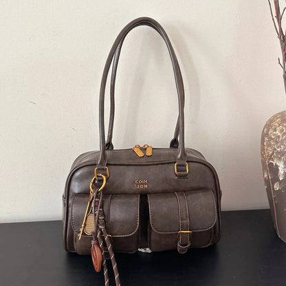 Fashionable retro high-quality shoulder bag, niche design with bread knot pendant, simple and high-value underarm bag, Blue Wolf Store 