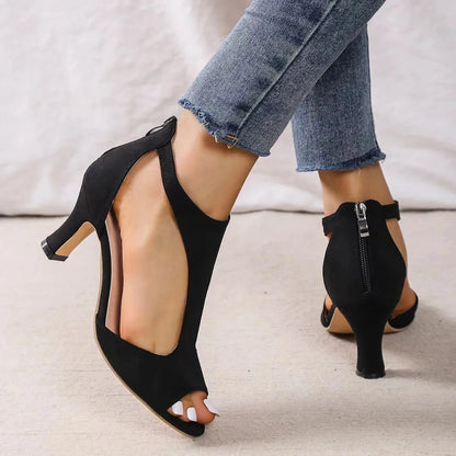 High Heel Womens Fashion Shoes - Zipper Back Closure Chunky French Heel, Round Toe T-strap Design Faux Leather Upper Rubber Sole Blue Wolf Store 