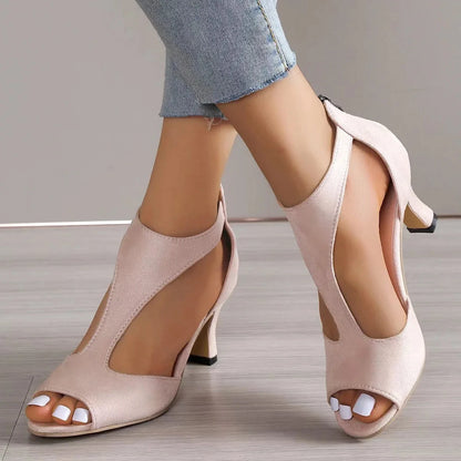 High Heel Womens Fashion Shoes - Zipper Back Closure Chunky French Heel, Round Toe T-strap Design Faux Leather Upper Rubber Sole Blue Wolf Store 