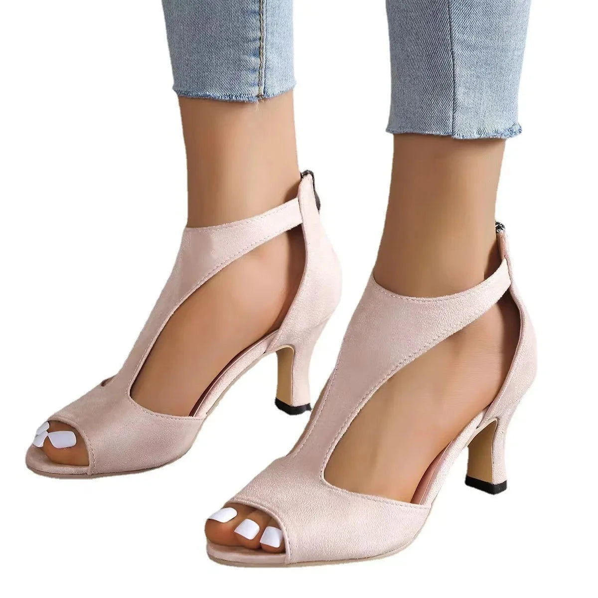 High Heel Womens Fashion Shoes - Zipper Back Closure Chunky French Heel, Round Toe T-strap Design Faux Leather Upper Rubber Sole Blue Wolf Store 